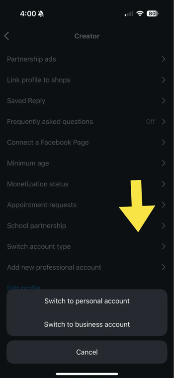 instagram insights account type